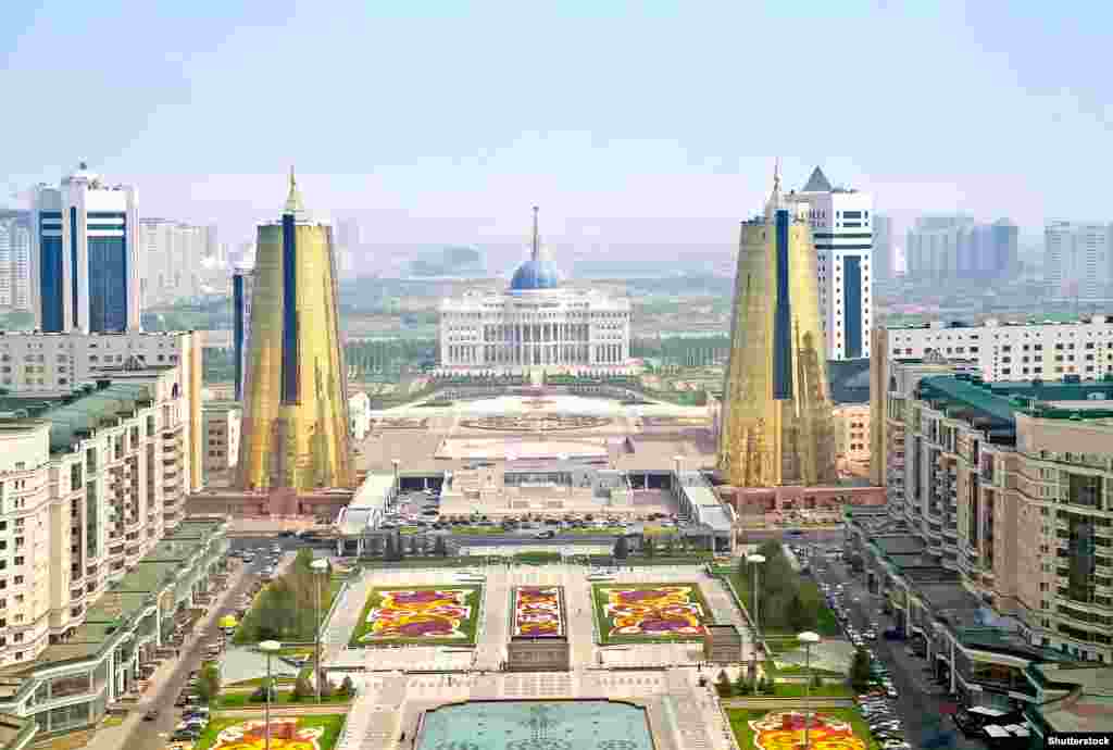 An overview of today&#39;s Astana with Kazakhstan&#39;s White House-like presidential palace in the center.&nbsp;