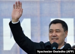 Sadyr Japarov waves to supporters in Bishkek in January 2021.