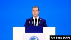 Russian Prime Minister Dmitry Medvedev speaks at the first China International Import Expo in Shanghai on November 5.