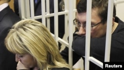 Yuriy Lutsenko holds the hand of his wife, Irina, as he stands in the defendant's cage in Kyiv on February 27.