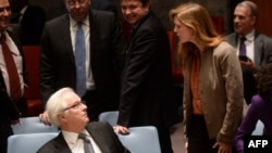 U.S. Ambassador to the United Nations Samantha Power confronts Russian UN Ambassador Vitaly Churkin.