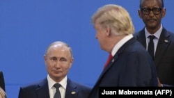 U.S. President Donald Trump looks at Russian President Vladimir Putin during a G20 summit in Buenos Aires on November 30.