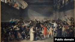 A cropped segment of "The Tennis Court Oath" by Jacques-Louis David