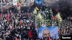 Massive crowds are seen mourning General Qasem Soleimani in Kerman on January 7. 