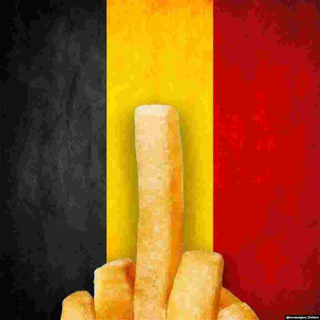 This cartoon used the Belgian flag as well as traditional Belgian &quot;pommes frites&quot; to make its point. (Social-media generated content, via @ilovebelgium)