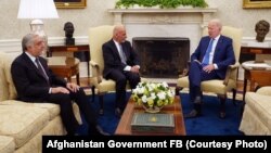 U.S. President Joe Biden (left) met with his Afghan counterpart, Ashraf Ghani (center) and head of Afghanistan's High Council for National Reconciliation Abdullah Abdullah at the White House on June 25.