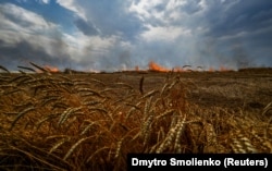 Возле линии фронта на административной границе между Запорожской и Донецкой областями пылает пшеничное поле, Украина, 17 июля 2022 года. Уже второй сезон урожая в Украине тяжело собирать во многих регионах из-за боевых действий, а собранное зерно трудно экспортировать