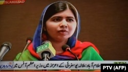 Malala Yousafzai addresses state media at a reception after a meeting with Pakistani Prime Minister Shahid Khaqan Abbasi during her visit to Islamabad on March 29.