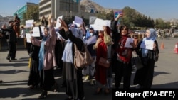 Afghan women protest in Kabul to demand that the Taliban administration allow the reopening of girls schools and ensure ample employment opportunities for women. (file photo)