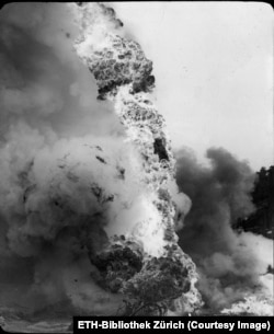 A fireball erupts from a well after a blowout in the Moreni oil field.