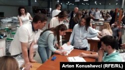 A vote-counting center in Kosovo, where it appears the ruling party won, but without enough of a majority to form a government. 