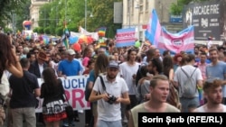 LGBT supporters march in Bucharest on June 9.