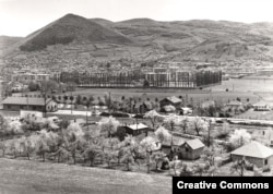 Visoko, with the angular Visocica Hill (top left) photographed in the 1970s. The town is just north of the Bosnian capital, Sarajevo.