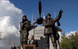 A monument in Fairbanks, Alaska, to the American pilots who flew almost 8,000 U.S. planes to Alaska and to the Soviet pilots who flew them on to Siberia as part of Lend-Lease.