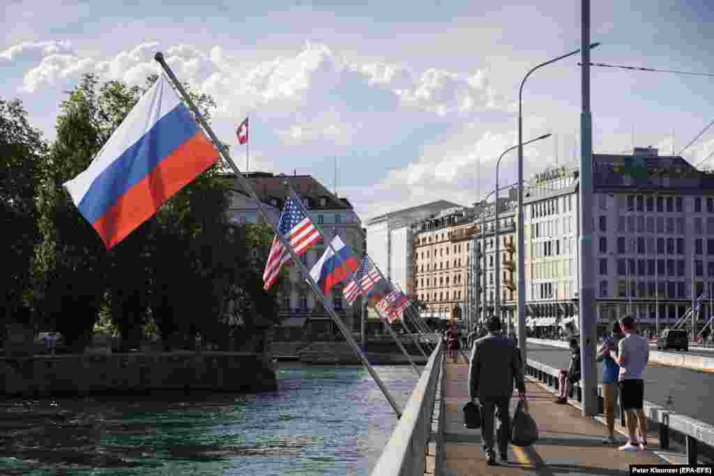 Russian and U.S. flags flutter on the Mont Blanc Bridge on June 15.&nbsp;