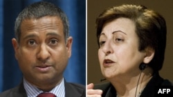 Nobel Peace Prize winner Shirin Ebadi (right) has appealed to Ahmed Shaheed, the UN's special rapporteur on the human rights situation in Iran.