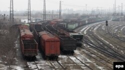 Empty coal wagons parked near a metallurgical plant in separatist-controlled territory in the Donetsk region, where deliveries from Ukrainian suppliers have been disrupted recently. (file photo)