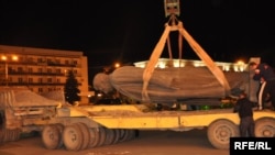 The giant bronze statue of Soviet dictator Josef Stalin was removed from its pedestal on the central square of his hometown of Gori on June 25, 2010.