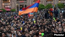 Armenian opposition supporters demonstrate in Republic Square in Yerevan on April 21.