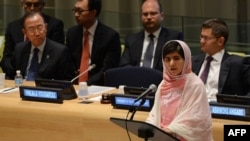 Pakistani student Malala Yousafzai speaks to the United Nations Youth Assembly on July 12 at UN headquarters in New York.