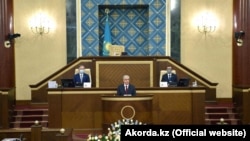 Kazakh President Qasym-Zhomart Toqaev speaks during a joint session of parliament in Nur-Sultan on September 1.