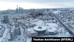 An aerial view of a snowy Nur-Sultan in December 2021.