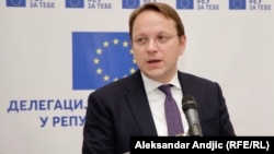 European Commissioner for European Neighborhood Policy and Enlargement Negotiations Oliver Varhelyi speaks to reporters in Belgrade on February 6.