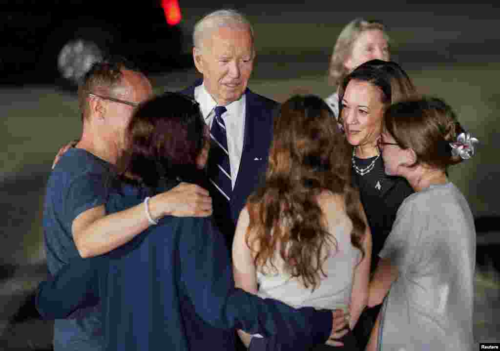 U.S. President Joe Biden and Vice President Kamala Harris speak with Kurmasheva and family. Kurmasheva, a Prague-based editor for RFE/RL&#39;s Tatar-Bashkir Service, was detained by authorities in June 2023 as she was visiting relatives in the central Russian region of Tatarstan.