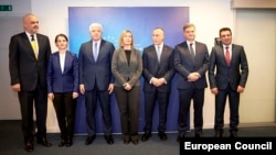 EU foreign policy chief Federica Mogherini (center) meets with the prime ministers of the Western Balkans in Brussels on December 18.