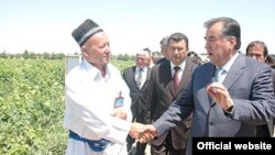 Tajik President Emomali Rahmon is warmly greeted by local officials while on a trip to the Sughd region.