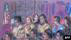 A drawing shows the ten alleged spy suspects in a New York courtroom on July 8, 2010.