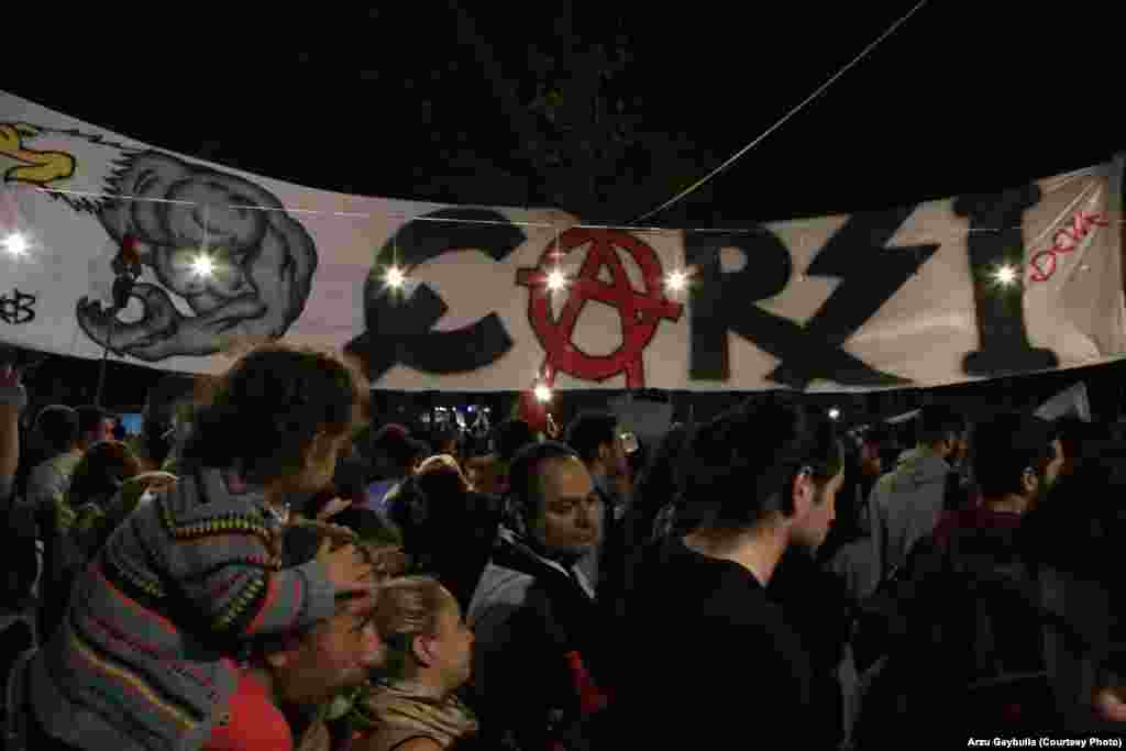 The banner of Carsi, a Besiktas support group. The group, which replaces the letter &quot;A&quot; with an anarchist symbol, espouses left-wing political thought.