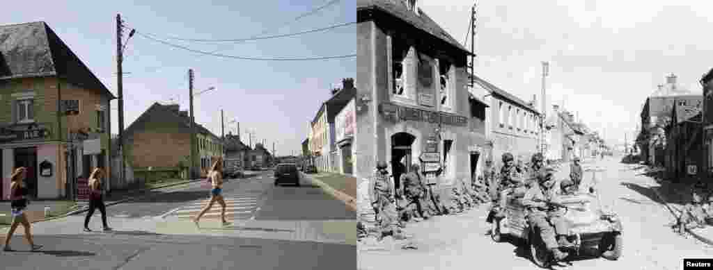 U.S. army paratroopers drive a captured German vehicle on D-Day in Carentan, France.