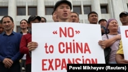 People protest against the construction of Chinese factories in Kazakhstan during a rally in Almaty on September 4.