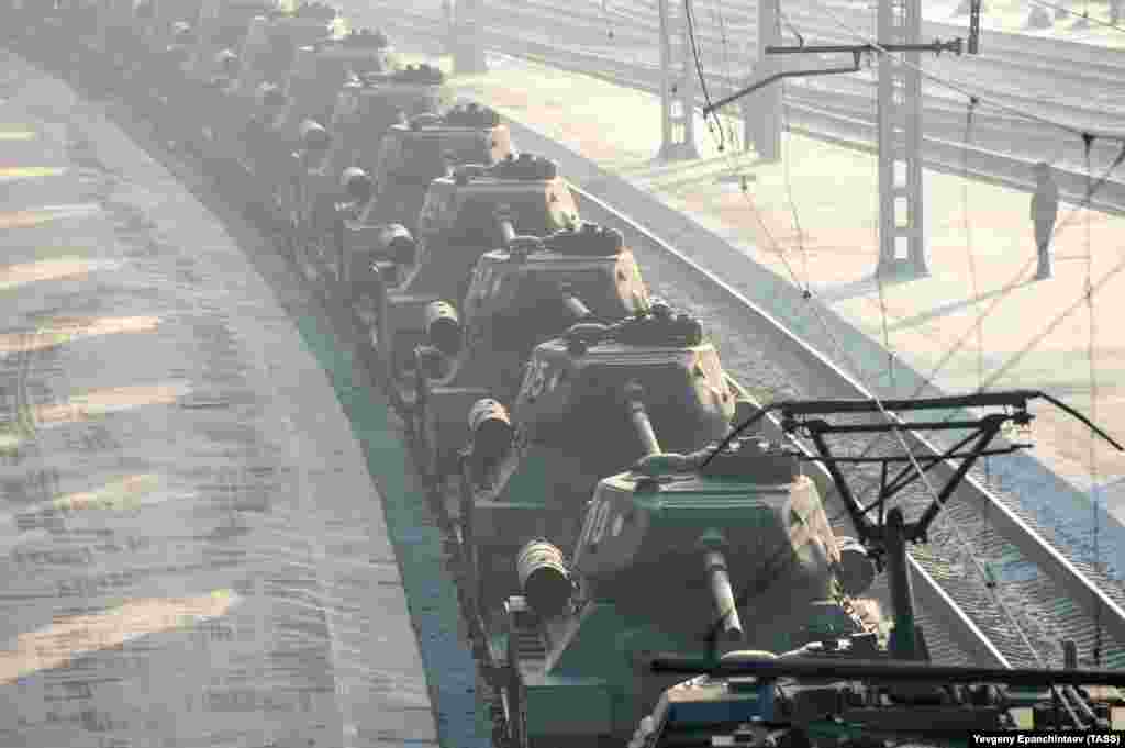 Railway cars carry T-34 tanks handed over by Laos, at Chita railway station in eastern Russia, January 13, 2019.