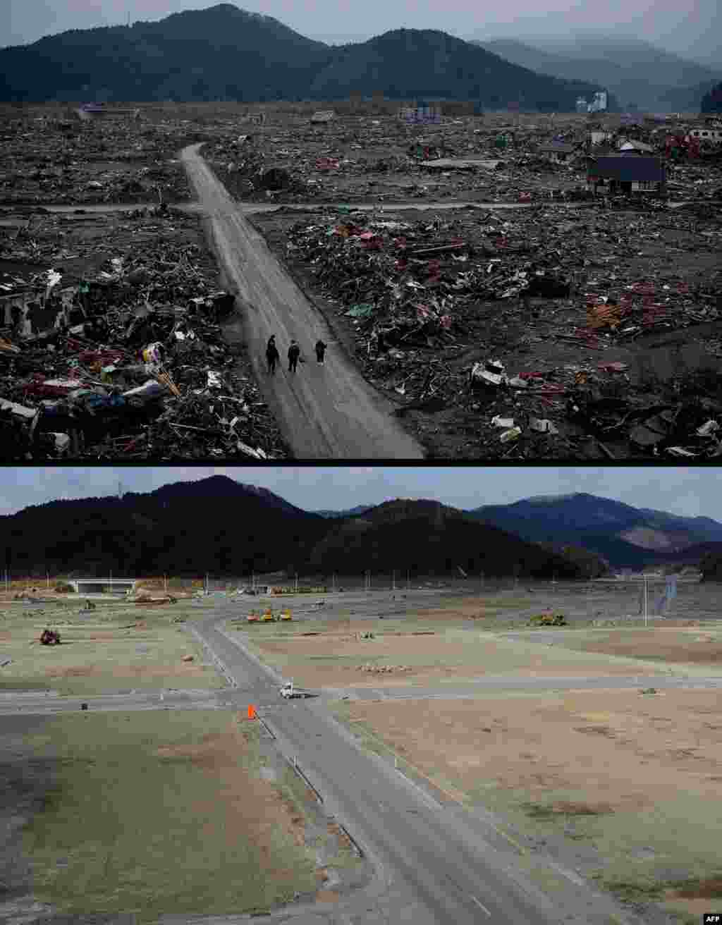 On top, the tsunami-hit area of Rikuzentakata, Iwate Prefecture, on March 22, 2011, and below, the same area on January 15, 2012