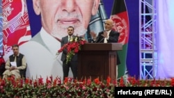 Afghan President Ashraf Ghani speaks on the first day of campaigning in Kabul on July 28.