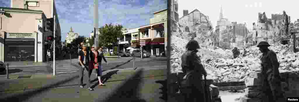 British troops keep watch across a destroyed square after German forces were dislodged from the town of Caen in July 1944.