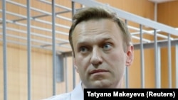 Russian opposition leader Aleksei Navalny at his trial in May for organizing an unauthorized protest.