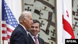 U.S. Vice President Joe Biden (left) with Georgian parliamentary speaker Davit Bakradze in Tbilisi on July 23