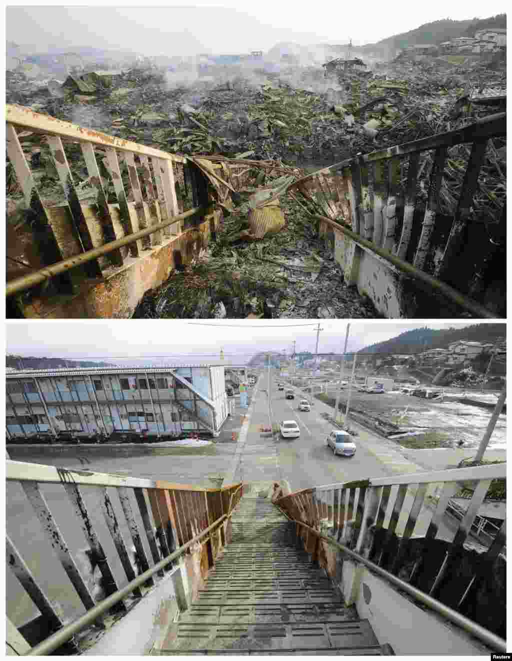 On top, tsunami-devastated Kesennuma in Miyagi Prefecture on March 13, 2011, and below on March 1, 2012