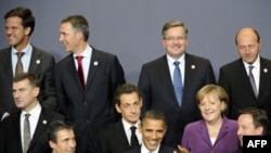 U.S. and European leaders in a snippet from the family picture session after North Atlantic Council meeting in Lisbon that preceded the U.S.-EU mini-summit.