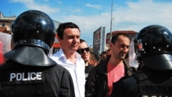 Self-Determination leader Albin Kurti leads a protest in front of Kosovo's government building in May 2011.