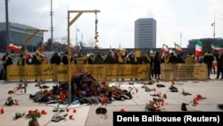 People demonstrate against the speech of Iranian Justice Minister Seyyed Alireza Avayi at the Human Rights Council, in front of the United Nations in Geneva, in February.