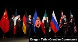 Foreign ministers/secretaries of state Wang Yi (China), Laurent Fabius (France), Frank-Walter Steinmeier (Germany), Federica Mogherini (EU), Mohammad Javad Zarif (Iran), Philip Hammond (U.K.), and John Kerry (United States) (left to right) at a meeting in Vienna that saw the conclusion of the JCPOA nuclear agreement with Iran on July 14, 2015