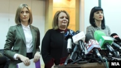 Special Public Prosecution office prosecutors Katica Janeva (left to right), Lence Ristevska, and Fatime Fetai hold a press conference.