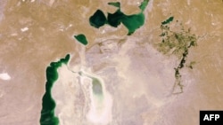 A satellite photo shows the vast area left dry by the shrinking of the Aral Sea.