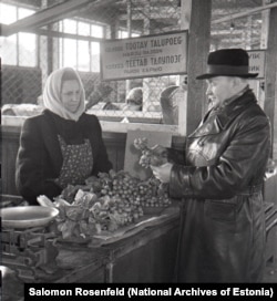 A man at a market selects radishes grown on the Working Peasant collective farm in 1956.