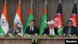 (Left to right:) Indian Minister of State for External Affairs M.J. Akbar, Turkmen President Gurbanguly Berdymukhammedov, Afghan President Ashraf Ghani, and Pakistani Prime Minister Shahid Khaqan attend a ceremony marking what was supposed to be a TAPI milestone on February 23.