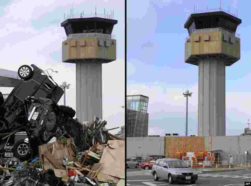 On the left, cars piled up in front of the airport control tower in Sendai on March 14, 2011, and on the right, the same area on January 12, 2012